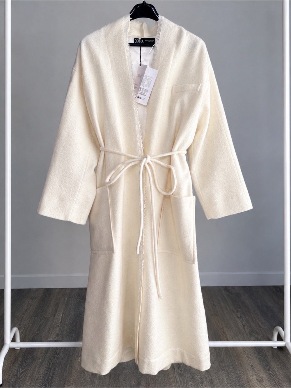 Zara Manteco 100% Wool Cream Belted Long Coat Size S